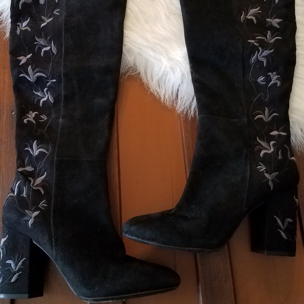 Kenneth Cole Black Suede Embroidered Knee-High Heeled Boots